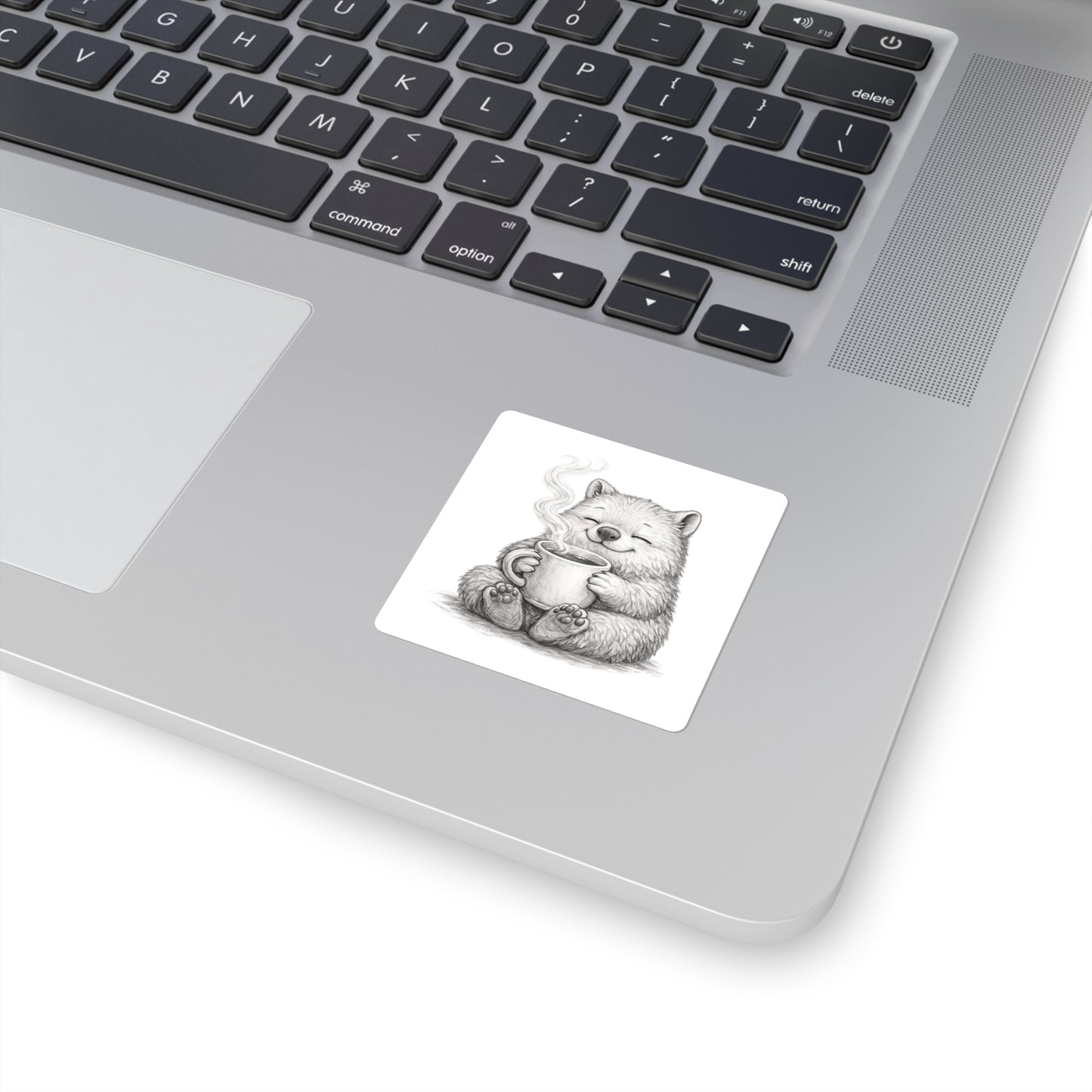 Cozy Wombat Coffee Square Sticker — Cute Smiling Wombat with Mug, Laptop & Planner Decal