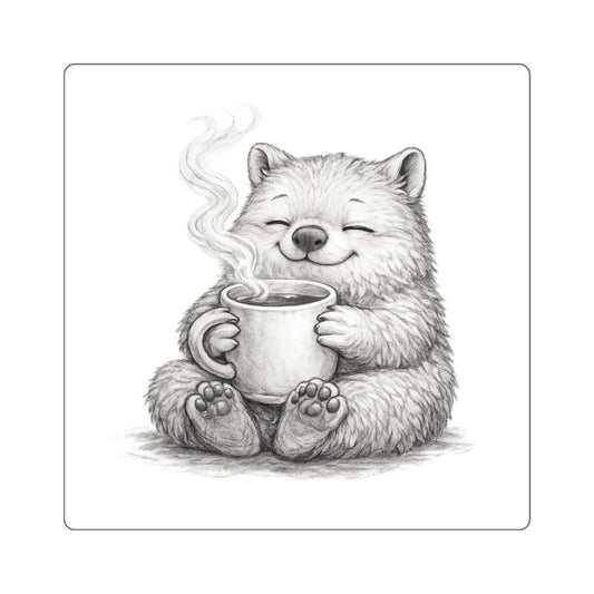 Cozy Wombat Coffee Square Sticker — Cute Smiling Wombat with Mug, Laptop & Planner Decal