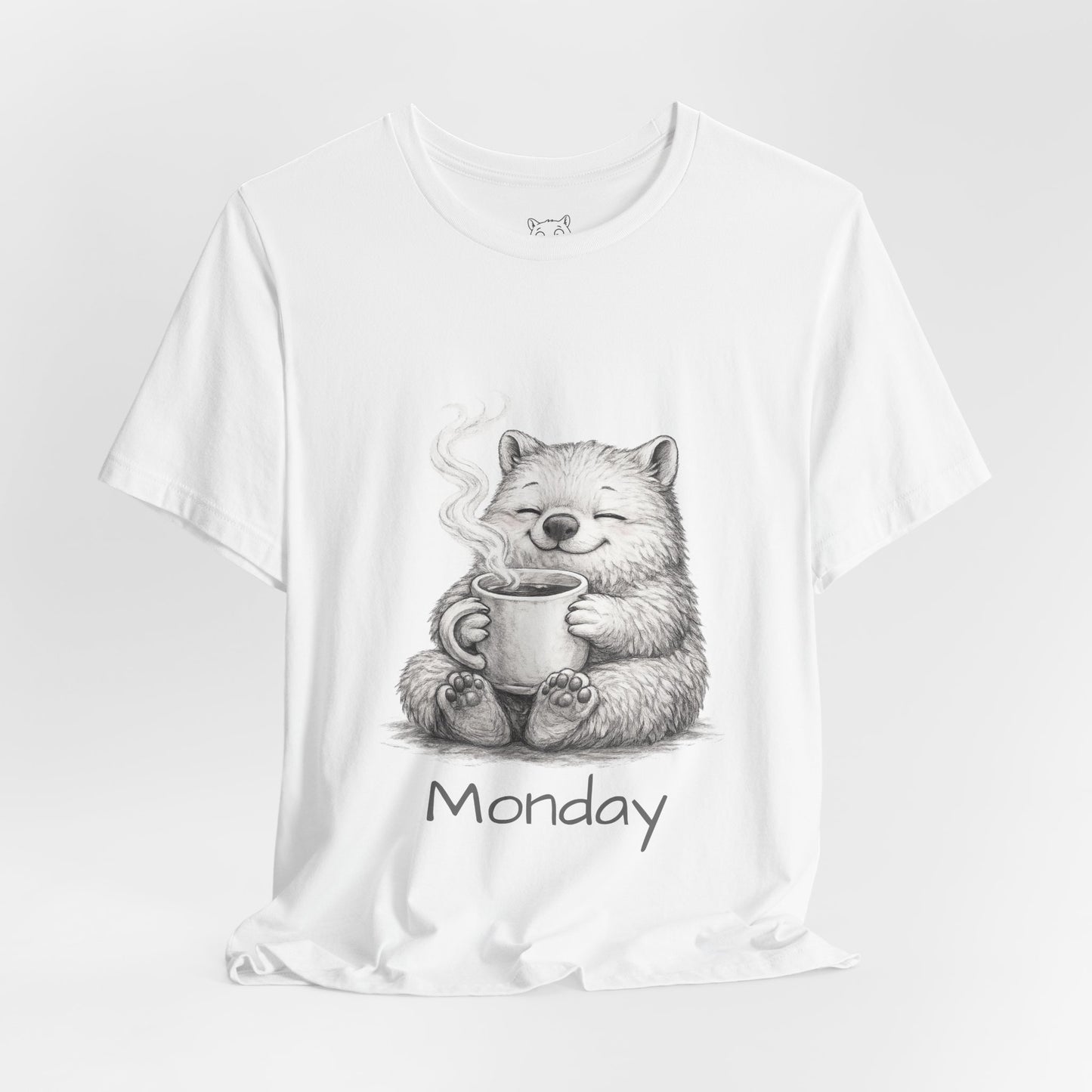 Wombat with Coffee T‑Shirt — Cozy Morning Mug Illustration ("Monday")