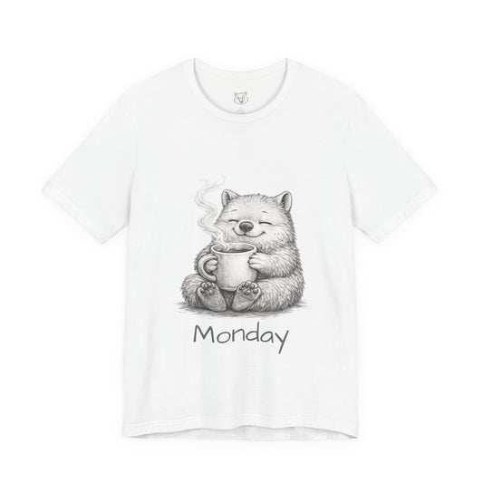 Wombat with Coffee T‑Shirt — Cozy Morning Mug Illustration ("Monday")